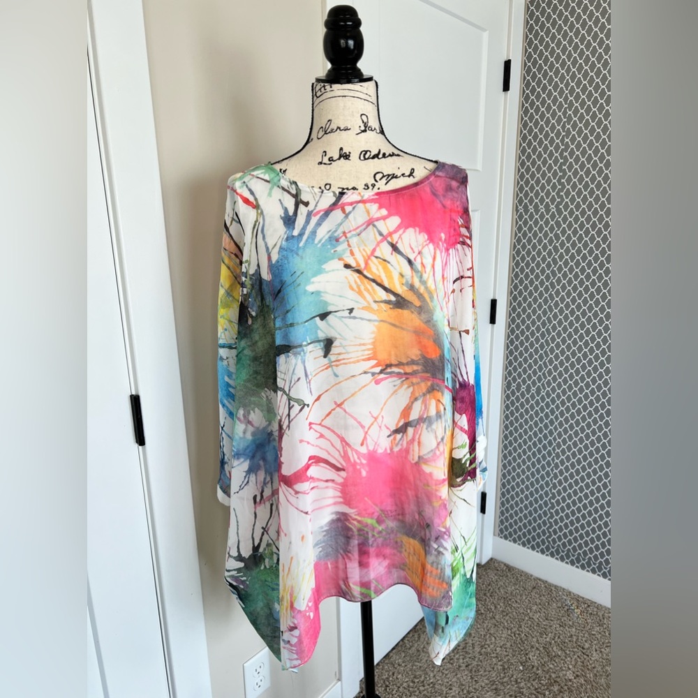 🎁 Sale! 🎁 sheer Kamana Tunic, Cream Tank Underneath. Multicolor Abstract, XL